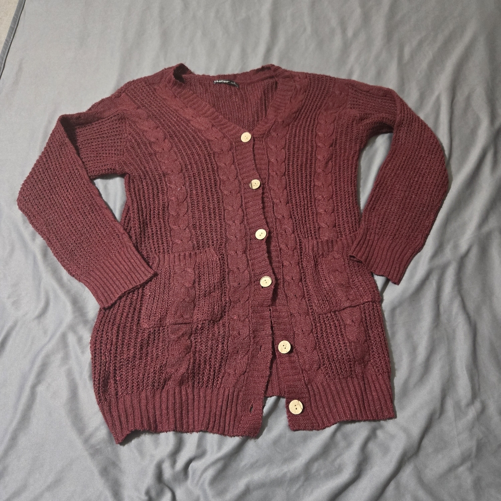 Aster Sweater Womens Medium Burgundy Cardigan Cable Knit Button Front Trendy